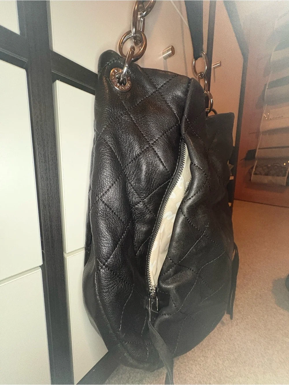 Aimee Kestenberg Black Quilted Leather Shoulder Bag with Chain Rings